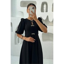 Dip Moda Kadın fiyonklu karpuz kol midi örme elbise DPMY3578