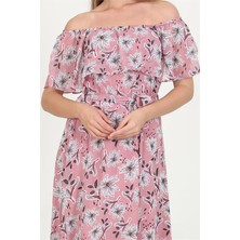 Dip Moda Dipmoda Kadın Madonna Yaka Kuşaklı Desenli Şifon Elbise RY10037