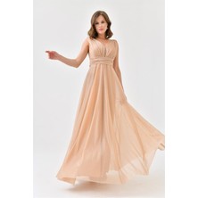 Dip Moda Dipmoda kadın gold v yaka simli tül abiye elbise DPS9223
