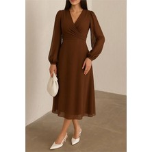 Dip Moda Dipmoda Kadın Kahverengi Astarlı Şifon Elbise DPK30281