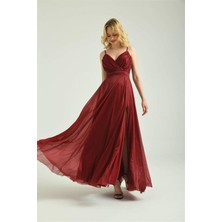 Dip Moda Kadın askılı yırtmaç detaylı simli uzun abiye elbise DPS9276