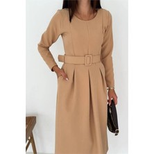Dip Moda Kadın midi boy örme kemerli elbise DPK067