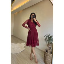 Dip Moda Kadın v yaka dantel elbise DPNM010