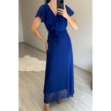 Dip Moda Kadın v yaka kol detaylı şifon uzun elbise NM008