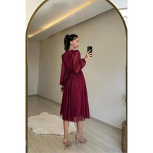 Dip Moda Kadın simli kumaş kemerli midi elbise DPNM009