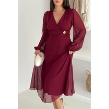 Dip Moda Kadın bel büzgülü tokalı midi şifon elbise DPK4329