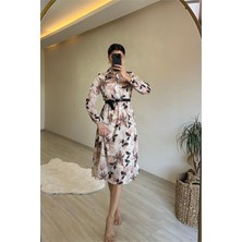 Dip Moda Kadın çiçek desenli gömlek yaka kemerli elbise DPNM011