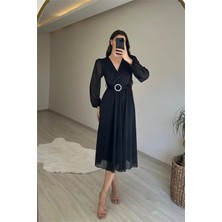 Dip Moda Kadın simli kumaş kemerli midi elbise DPNM009