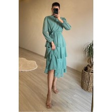 Dip Moda Kadın volanlı katkat şifon kumaş elbise DPNM004