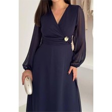 Dip Moda Kadın bel büzgülü tokalı midi şifon elbise DPK4329