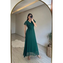 Dip Moda Kadın v yaka kol detaylı şifon uzun elbise DPNM008
