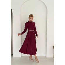 Dip Moda Kadın dik yaka uzun kollu piliseli midi elbise DPK4400