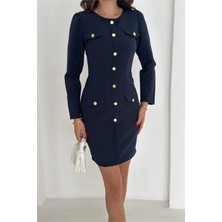 Dip Moda Kadın double kumaş düğmeli uzun kol mini elbise DPK4388
