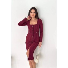 Dip Moda Kadın çizgili desen kare yaka midi boy düğme detaylı elbise DPK069