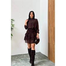Dip Moda Kadın kahverengi eteği flok baskılı dik yaka vatkalı şifon elbise DPMY3863