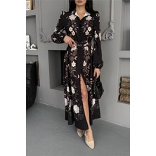 Dip Moda Kadın siyah tam boy düğmeli çiçek desenli tasarım elbise DPMS25107
