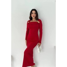 Dip Moda Kadın kayık yaka gol aksesuarlı elbise DPK4386