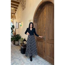 Dip Moda Kadın siyah eteği ekose desenli kemerli tam boy elbise DPMY3860