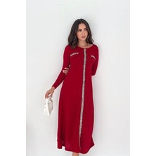 Dip Moda Kırmızı taş şerit detaylı uzun kol midi boy günlük kadın elbise DPK4343