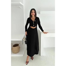Dip Moda Kadın düğme detaylı siyah v yaka bel dekolteli midi boy elbise DPK4368