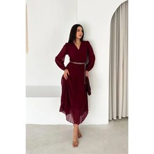 Dip Moda Dipmoda Kadın Bordo Kruvaze Yaka Piliseli Midi Boy Şifon Elbise