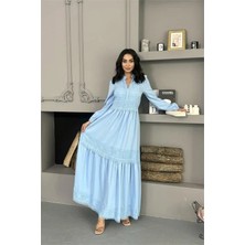 Dip Moda Kadın dantelli bebe mavisi atlas kumaş elbise DPMS2517
