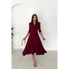 Dip Moda Kadın bordo degaje yaka omuz vatkalı midi boy A kesim elbise
