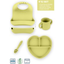 Moki Silikon Beslenme Seti 4'lü Pond Yeşil / Mama Önlüğü, Mama Tabağı, Bandırma Kaşığı, Bardak
