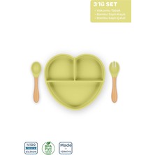 Moki Silikon Beslenme Seti 3'lü Pond Yeşil / Mama Tabağı, Bambu Saplı Mama Kaşığı ve Çatalı