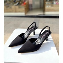 Gloriys Kadın Suni Deri Siyah Saten 5 cm Topuklu Ayakkabı Neolit Tabanlı Şık Gece Kullanımı