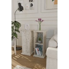Estoria Home Terra Traverten Desen Artemis Sütun Yan Sehpa Kitaplık Modern Yan Sehpa Çok Amaçlı Raflı Sehpa