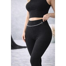 Süsen Lingerie Yüksek Bel Siyah Renk Fitilli Tayt, Kadın Günlük Rahat Tayt, Kadın Spor Giyim