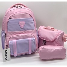 LaddyCo Ilk Okul Çantası 3'lü Set Pembe-Lila Kız Çocuk Ilkokul Çantası 8020