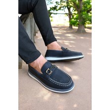 Romex Lacivert Deri Loafer Ayakkabı Metal Tokalı Beyaz Dikiş Detaylı Konforlu Casual Ayakkabı