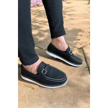 Romex Lacivert Deri Loafer Ayakkabı Metal Tokalı Beyaz Dikiş Detaylı Konforlu Casual Ayakkabı