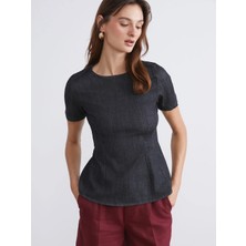 LC Waikiki Siyah Bisiklet Yaka Peplum Jean Bluz