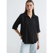 LC Waikiki Siyah Gömlek Yaka Saten Bluz