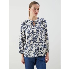 LC Waikiki Lacivert Bağlamalı Yaka Desenli Bluz