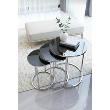 Sofex Gümüş Metal Siyah Düz Camlı 3'lü C Sehpa