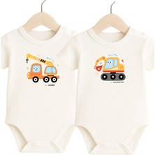 Babytex Bebek Zıbın Kısa Kollu Vinç ve Ekskavatör Baskılı %100 Pamuk Bebek Body
