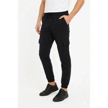 Erkek Siyah Jogger Eşofman Altı Rahat Kalıp, Kargo Cepli, Lastikli Paça, Günlük Spor Pantolon - Siyah