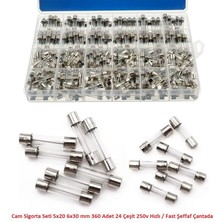 Hatfon Cam Sigorta Seti 5X20 6X30 mm 360 Adet 24 Çeşit 250V Hızlı / Fast Şeffaf Çantada