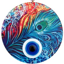 İsmiyle Al Tavus Kuşu Tüyü Desenli  Füzyon Camdan El Yapımı Nazar Boncuklu Duvar Süsü