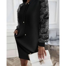 Kadın Uzun Kollu Pulpayetli Bağcıklı Cep Detaylı Mini Viskon Iki Iplik Elbise