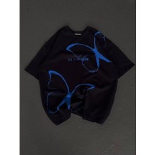 Unisex Bisiklet Yaka Baskılı Oversize T-Shirt - Siyah