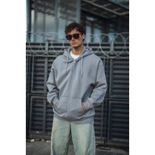 Oversize Tam Fermuarlı Uzun Kol Hırka - Gri