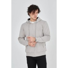 Erkek Kapüşonlu Düz Fermuarlı Hırka - Boyalı Gri