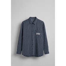 Abluka Online Erkek Çizgili Oversize Uzun Kollu Nakış Detaylı Gömlek Lacivert