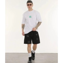 Unisex Bisiklet Yaka Baskılı Oversize T-Shirt - Beyaz