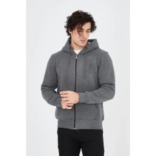 Erkek Kapüşonlu Düz Fermuarlı Hırka - Füme